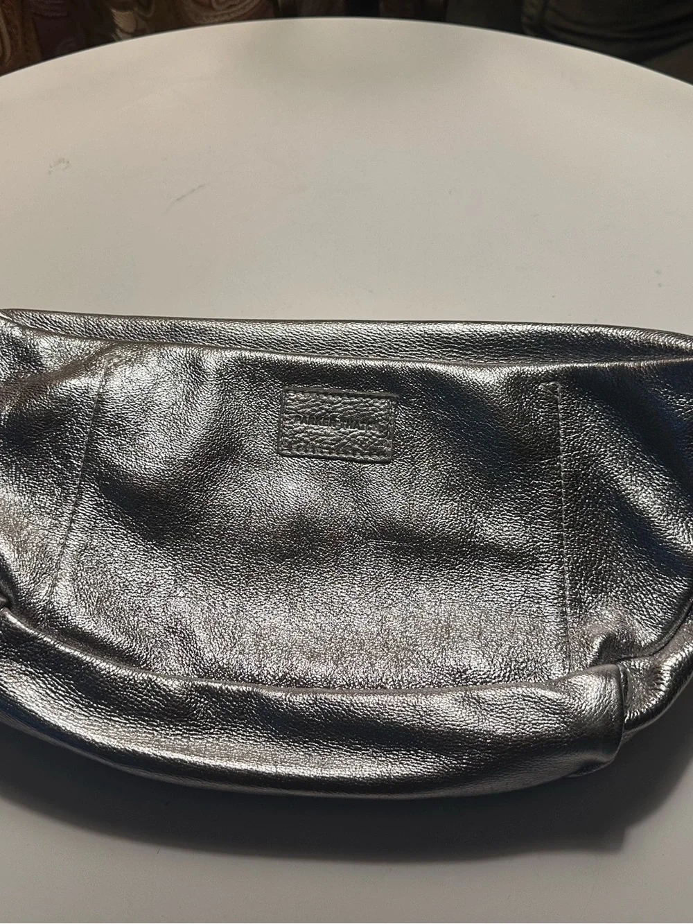 Parker Thatch Metallic Silver Leather Crossbody Bag with Brown Strap